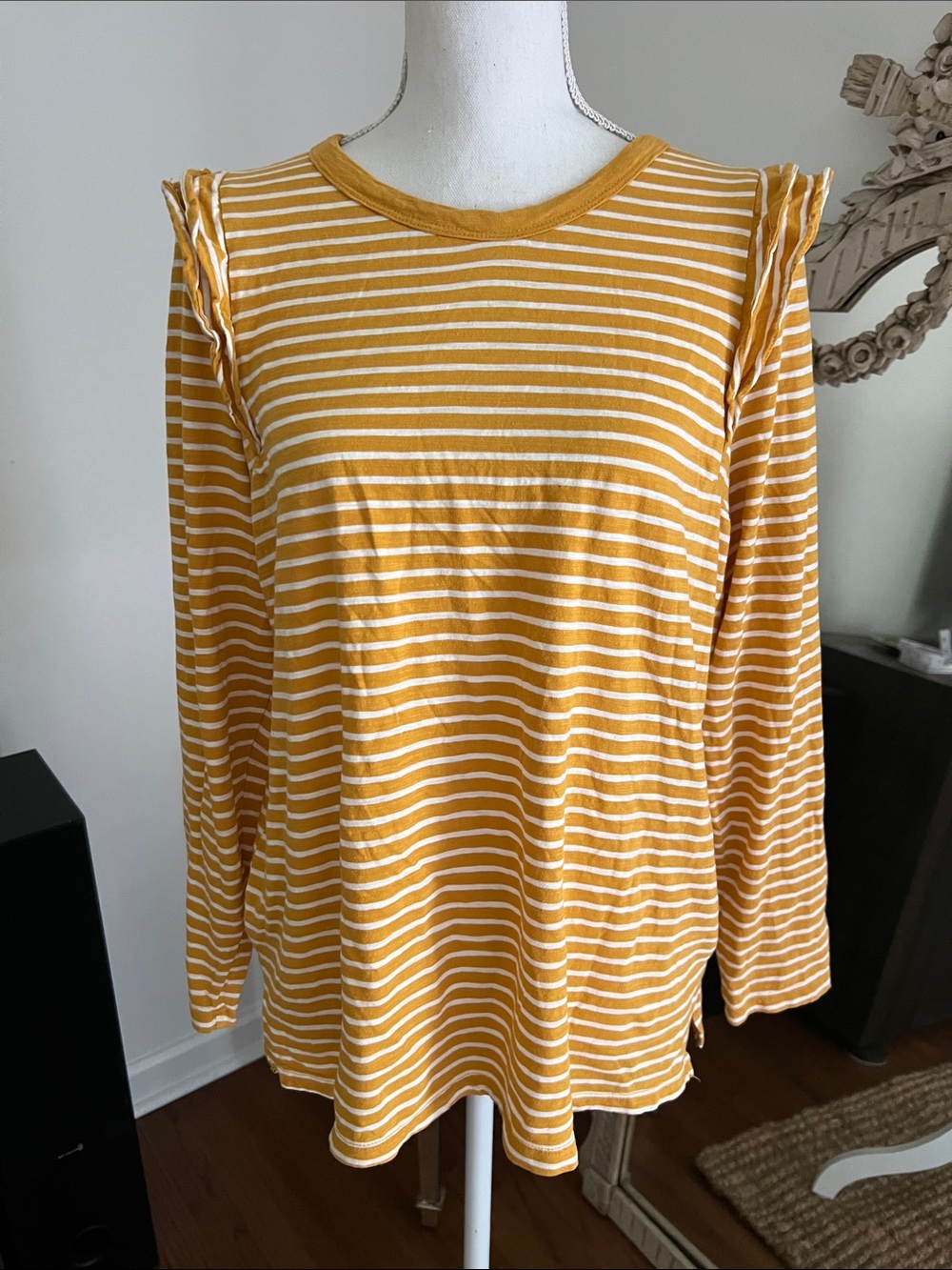 Old Navy Mustard Yellow & White Striped Ruffle Shoulder Long-Sleeve Top